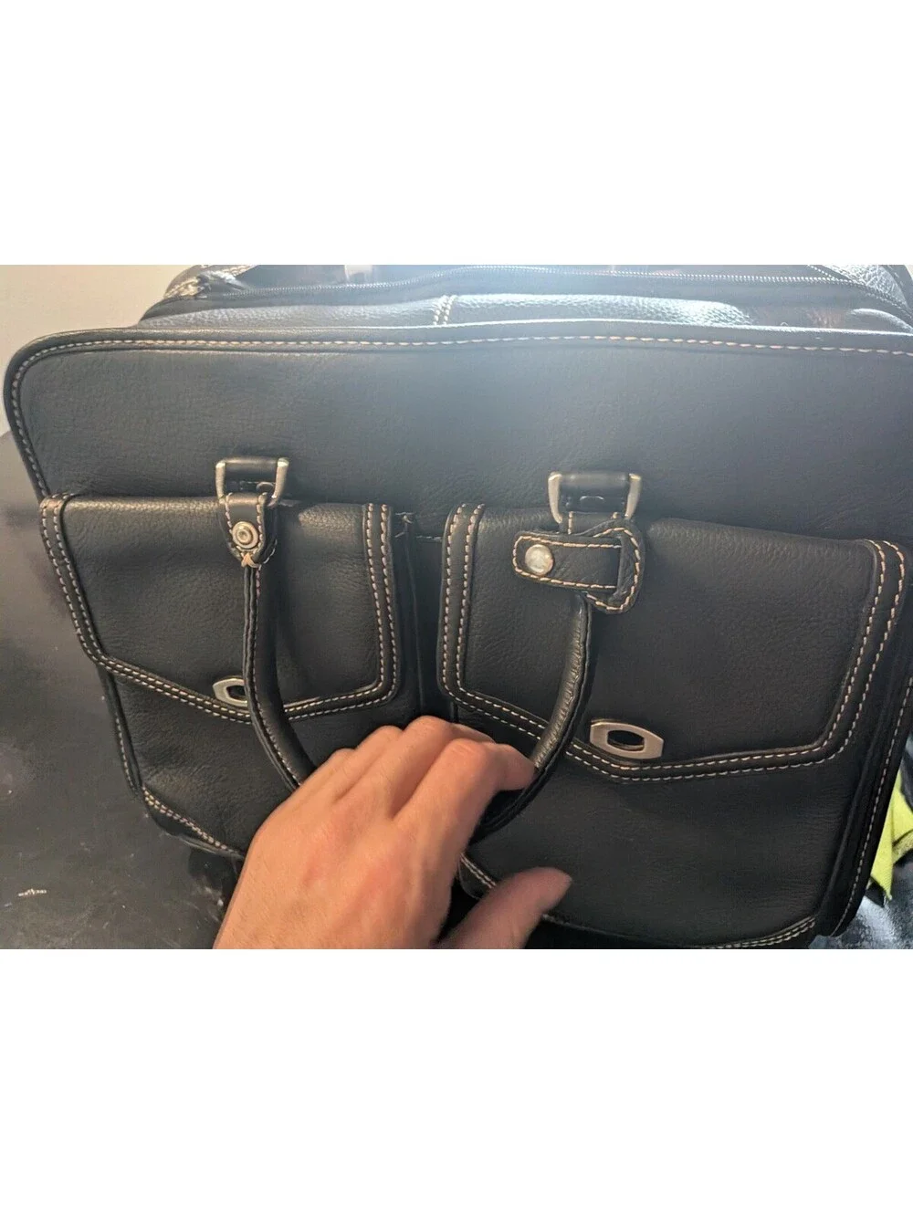 Black Leather Business Briefcase Laptop Bag Multi Compartment Dual Front Pockets